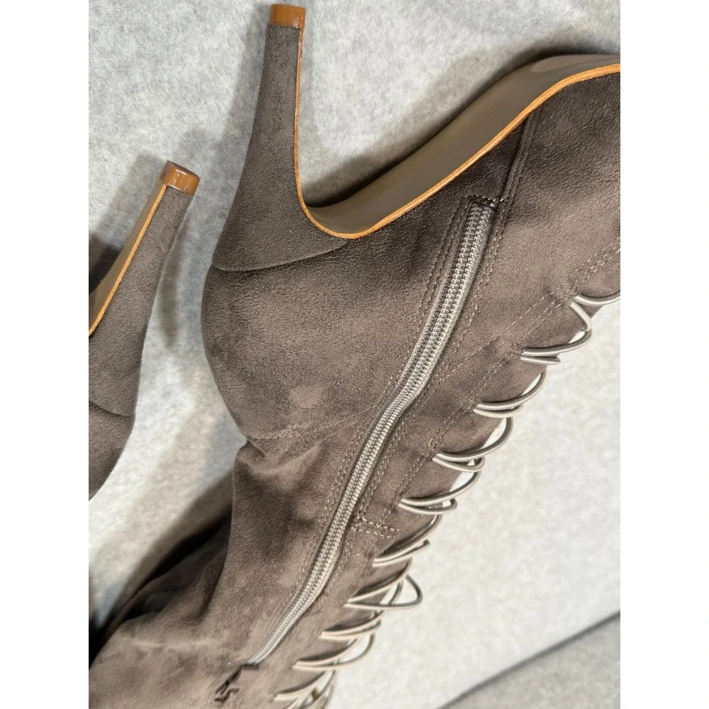 Gray Suede Wide-Calf Lace-Up Over The Knee Boots Size 8 OTK Heels Pointed‎ Toe